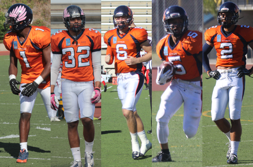 From left to right. Patrick Smith, Marquice O'Leary, Larry Cutbirth, Justin Martin, and Dane Cruikshank, were all named All-SCFA Central League 2nd-Team honorees on offense and defense. Martin also earned a 1st -Team nod as a kick and punt returner. Photos By: Natalia Ponce