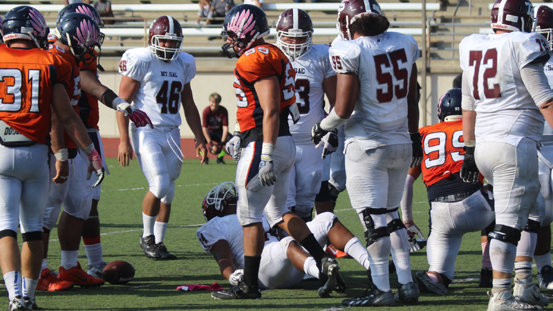 Sophomore Adrian Barrios (#55) was the Owls' leading tackler in their loss to Mt. SAC. Photo By: Marisa Dyson