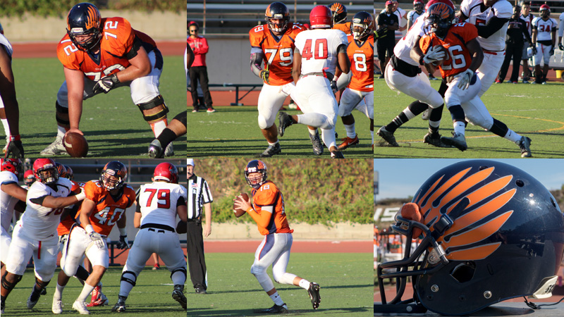 Clockwise from left to right: Parker Blakeslee (#72), Matthew Couch (#79), Devin Floyd (#26), Zach Lewallen (#40), and Brian Meyette (#18) all earned 1st team All-Pacific League honors. All play photos by: Natalia Ponce. Helmet photo by: Ricky Lin