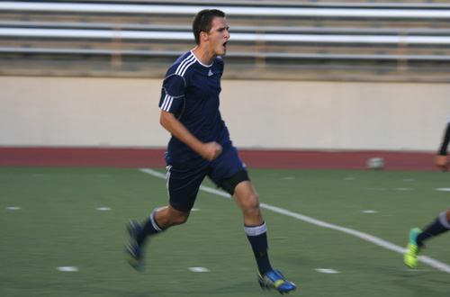 Sophomore Justin Dryer celebrates his game winning goal against Moorpark on Tuesday. Photo By: Natalia Ponce