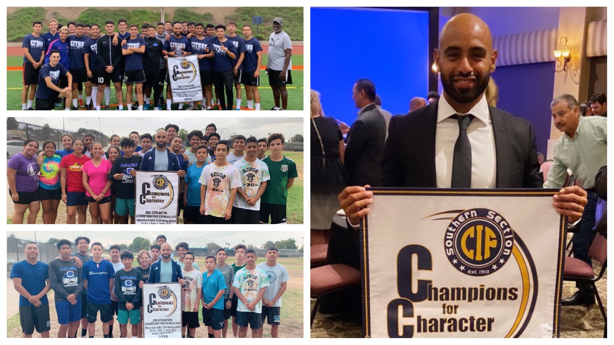 Pictured (clockwise starting from the upper left: Orrosquieta with his Citrus Men's Soccer teammates, receiving his banner at the banquet, with his Azusa High School Boys Soccer team, with his Azusa High School Cross Country team.