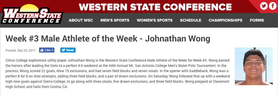 Wong Garners Conference Male Athlete of the Week Honors