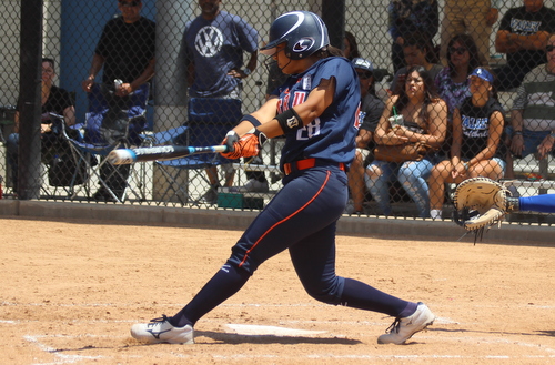 Freshman Jessica Brown hit her 18th home run of the season and was 3 for 5 with 3 RBIs and 3 runs scored in Citrus' win over San Bernardino Valley. Photo By: Desiree Caballero