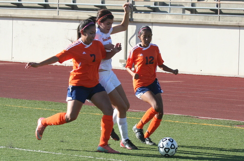 Freshman Cindy Ramirez (left, #7), had a goal and an assist, while sophomore Valerie Flores (right, #12) scored her first of the year, in Citrus' win over West LA.