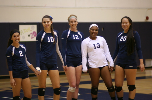All five Citrus College Sophomores (from left to right: Amanda Stone, Kimberly Nevarez, Kayla Eddings, and Kiyhanna Dade) made significant contributions in the final home game of their Citrus careers against Santa Monica. Photo By: Marian Manfre-Winchester