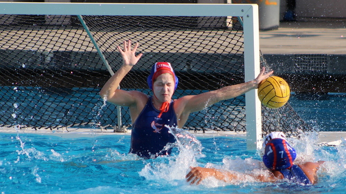 Sophomore goalie Delany Moller allowed just four total goals across two matches during the first day of the 2016 Citrus College Women's Water Polo Tournament. Photo By: Brian Cone