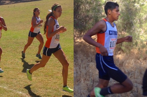 Freshman Antonella Curing (left and far right) and freshman Daniel Hernandez-Cabrera paced the Citrus women's and men's cross country efforts at today's Ventura Invitational. Photos by Alicia Longyear.