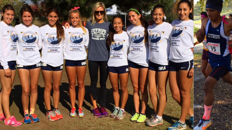 The Citrus College Women's Cross Country team (left), which Head Coach Alicia Longyear in the center, finished in 11th place at this weekends CCCAA State Championships. Daniel Hernandez-Cabrera (right) was the Owls' lone male representative.
