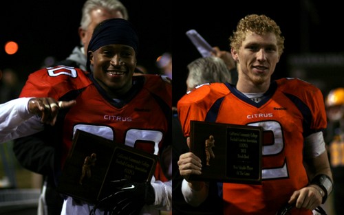 Sophomore Braxton Brown (left) was named the Citrus Defensive Player of the Game, and freshman Larry Cutbirth (right) was named the Most Valuable Player in Saturday's Beach Bowl. Photos By: Natalia Ponce