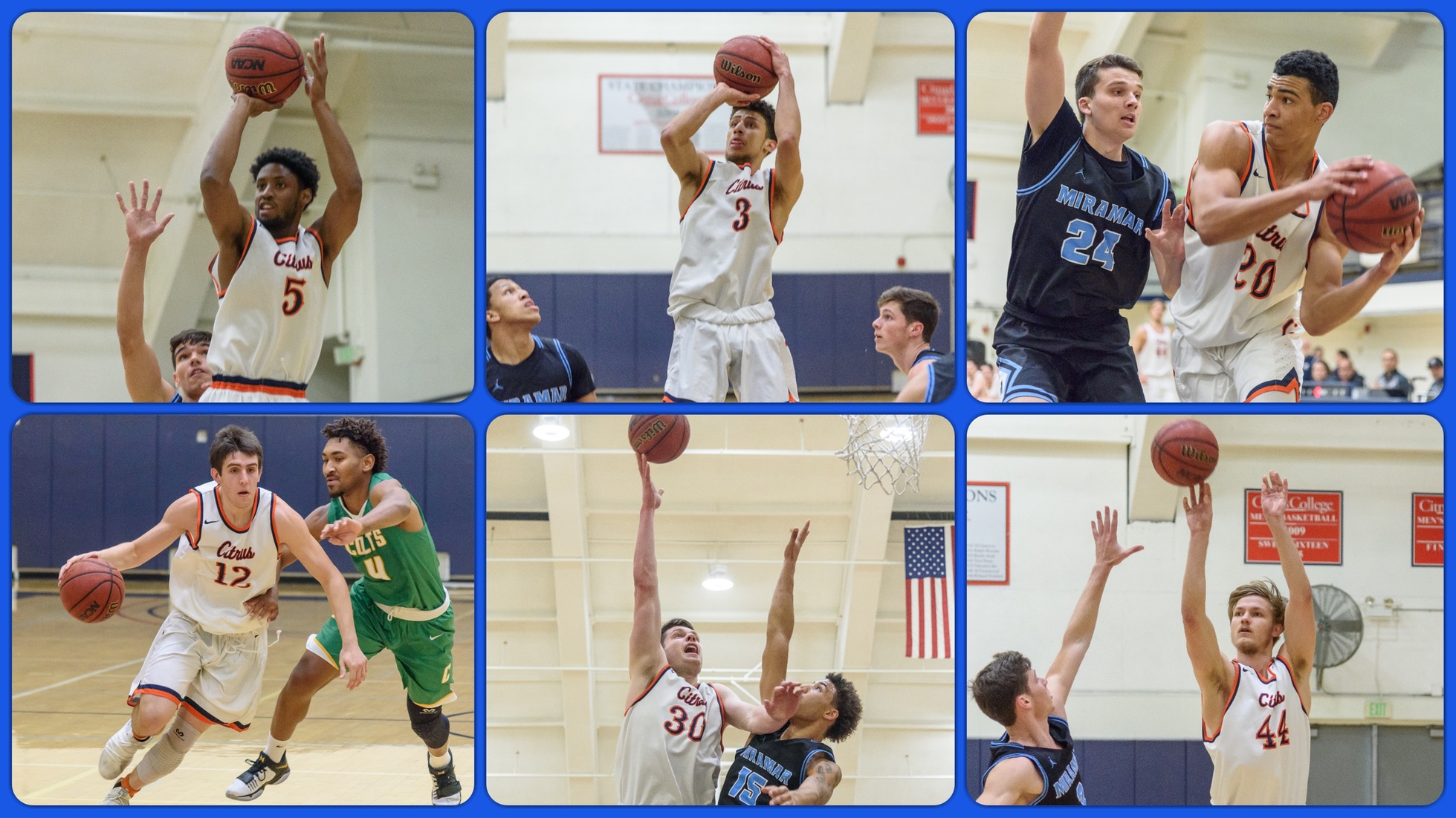 Citrus Basketball's All WSC East Conference players, clockwise from top left: Miles Crawford (1st team), Jeremy Smith (1st team, MVP), Kyle Gray (1st team), Austin Clarke (2nd team), Quintin Bailey (2nd team) and Alexios Ziska (2nd team). Photo credit: Ricky Lin