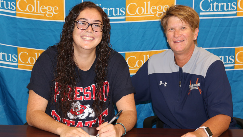 Sophomore Jade Nua (left), pictured with Citrus College Head Softball Coach Jackie Boxley (right), has signed a scholarship offer with Fresno State University. 